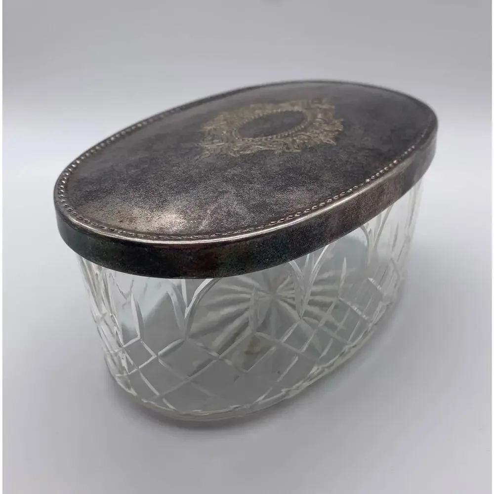 Vintage Andrea by Sadek Glass Dresser Bathroom Storage jars w/ Silverplate cover